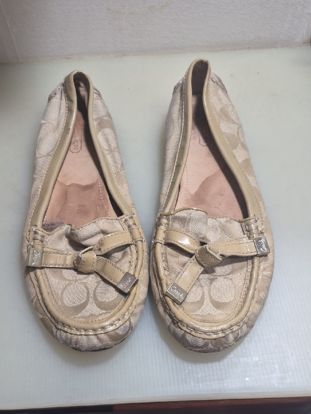 Coach Beige Signature Canvas Bow Moccasin Flats